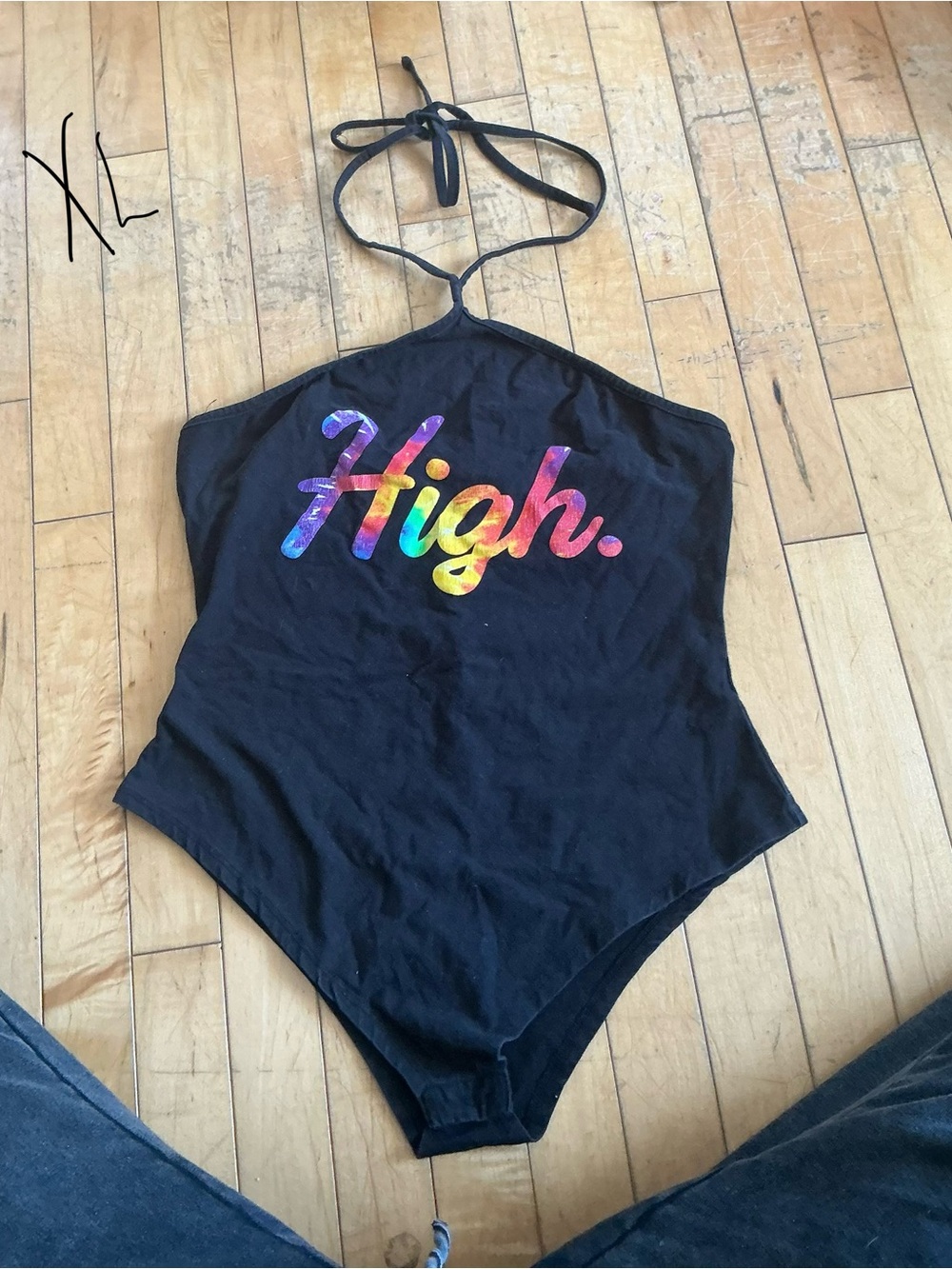 Spencer's Black Bodysuit with Rainbow 'High.' Graphic